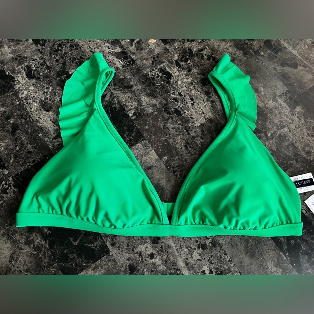 J Crew Women's Ruffle Shoulder Vneck Bikini Top Lined Bra Beach Green Large $59
